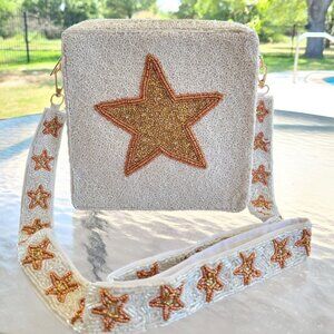 Gold Sparkle Star Seed Beaded Crossbody Box Bag with Star Strap Western Boho NEW